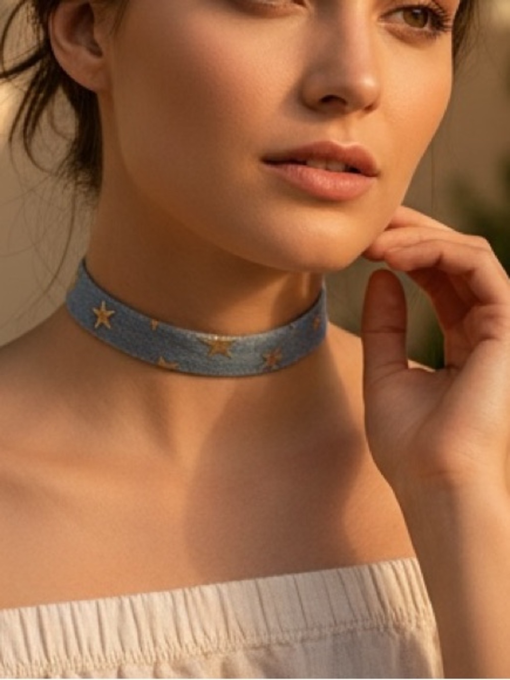 Blue Star Embroidered Denim Choker Necklace